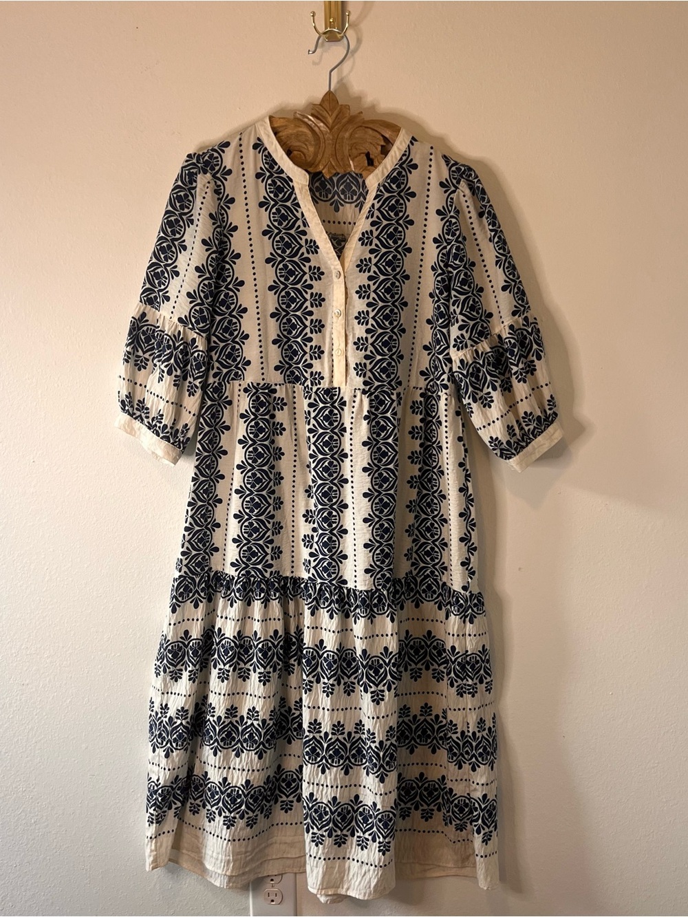 Fig + Flower Blue & White Boho Floral Print Tiered Dress Size Large